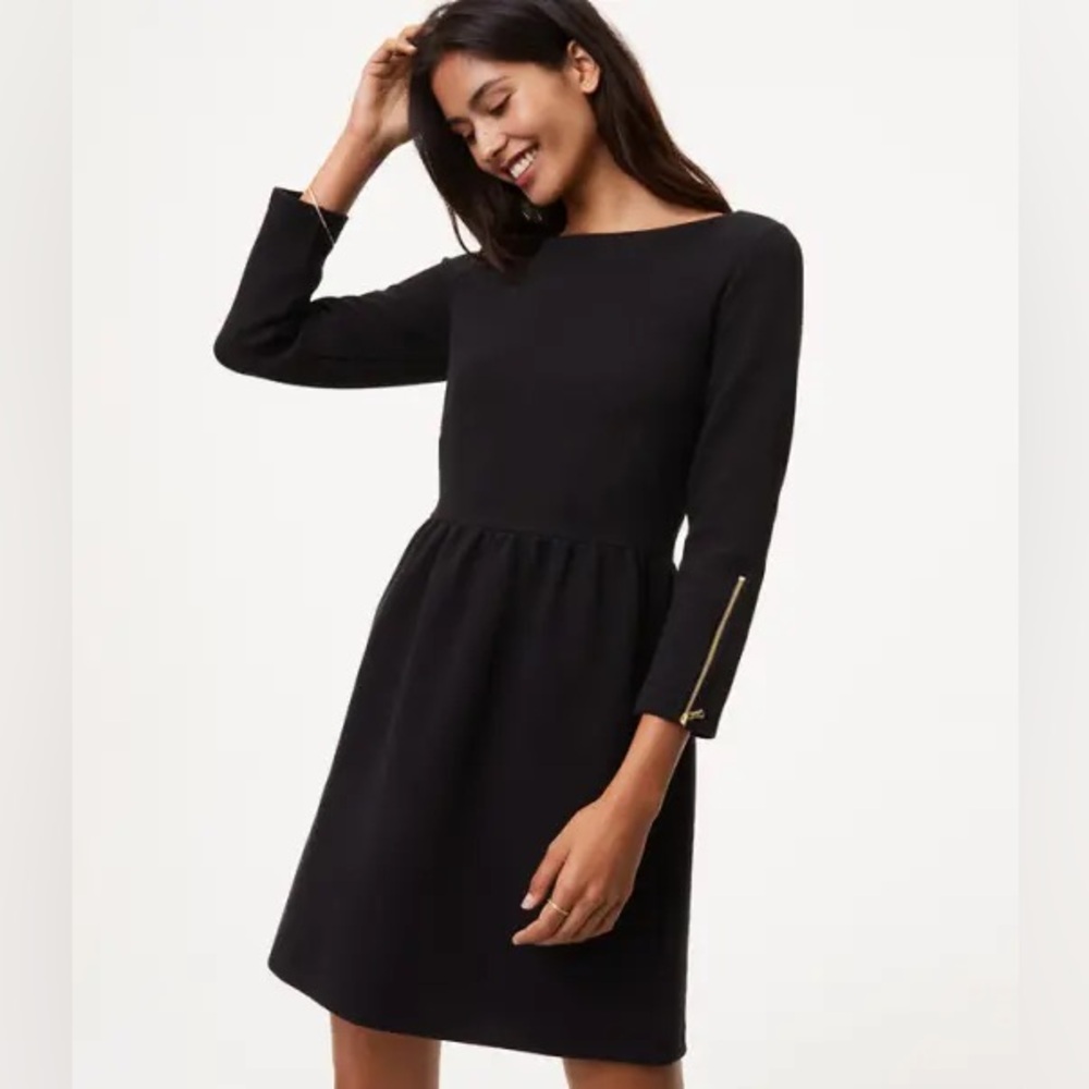 Loft gold zip cuff black ribbed flare long sleeve dress